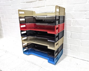 Vintage Elden Stacking Bins // 1978 Plastic Office Legal File Bins Set, Retro Colorful Desktop Organizer, Paper Storage Filing Rack Set of 7