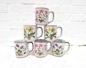 Vintage Hearthside Stoneware Mugs // Set of 6 Stoneware Buffet Ware Flower Cups, Japan 552 Floral Mugs Stacking Coffee Cups