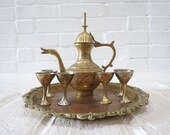 Vintage Brass Tea Set Ornate Etched Brass Coffee Pot and Goblets w Tray, Mid Century Gold and Red Tea Service Set, Swan Shaped Spout