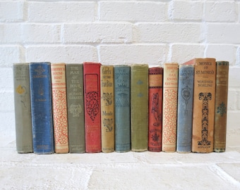 Antique Book Collection // Ornate Book Lot, Embossed Covers and Spines, Victorian Edwardian Books Colorful Mismatched Library Early 1900's