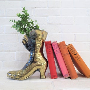 Vintage Brass Boot Vase // Brass- Finished Victorian Woman's Boot, Large Planter Vase, Decorative Figurine, Tarnished Gold Cast Metal Bronze
