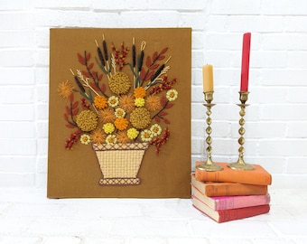 Vintage Crewel Embroidery // Fall Floral Bouquet, Earthy Autumn Boho Kitschy Flowers Wall Art, Completed Finished Crewel 1960&#39;s 1970&#39;s Mod