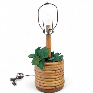 Vintage Rattan Planter Lamp // Paul Frankl Mid Century Modern Designer Table Lamp with Planter Base Wooden Bamboo Style Lighting
