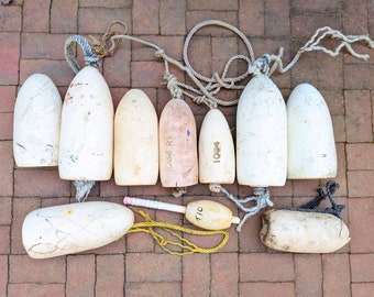 Vintage Maine Buoy Lot // Faded and Unpainted Lobster Buoys, Nautical Beach House Decor, Fishing Buoys, Retired Salvaged Collection White