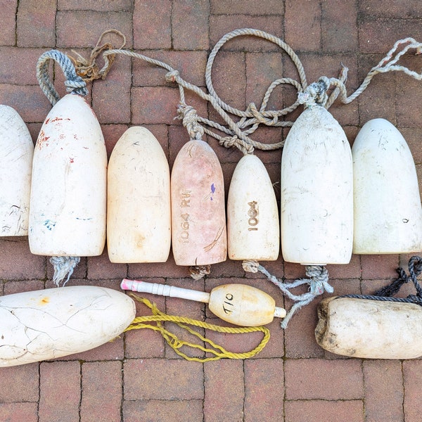 Vintage Maine Buoy Lot // Faded and Unpainted Lobster Buoys, Nautical Beach House Decor, Fishing Buoys, Retired Salvaged Collection White