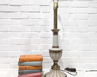 Vintage Stiffel Table Lamp // Brass and White Painted Finish, Mid Century Traditional Accent Light, Heavy Bronze Cast  Lighting Torch Column