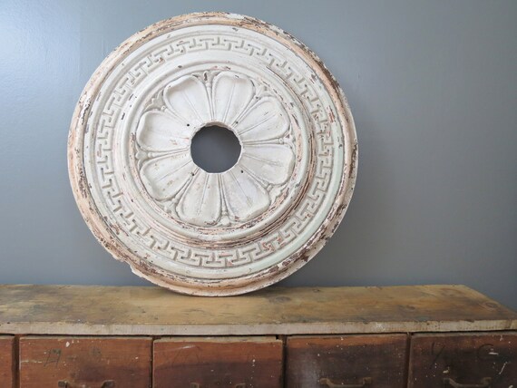 Antique Ceiling Medallion Plaster Cast Ornate Victorian Light Fixture Molding Trim Architectural Salvage Chippy White Rustic Farmhouse