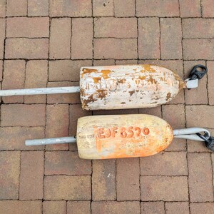 Vintage Buoys Pair // Maine Lobster Buoys, Nautical Beach House Decor, Lobstering Fishing Buoys, Retired Salvaged Orange Painted Collection