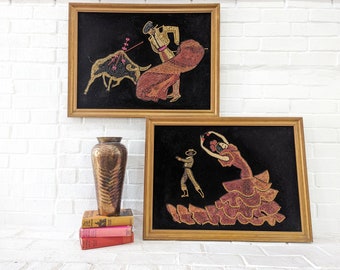 Vintage Gravel Art Portraits Pair // Retro Matador Bull Fighter and Flamenco Dancer Velvet Mid Century Portraits Set Mid Century Kitsch