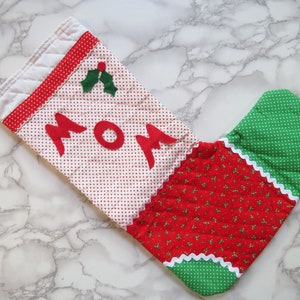 Parents' Stockings Pair // Vintage Mom and Dad Fabric Christmas Stocking Red Green White Kitsch Nostalgic Holiday Quilted Sewn 1970's 1980's image 6