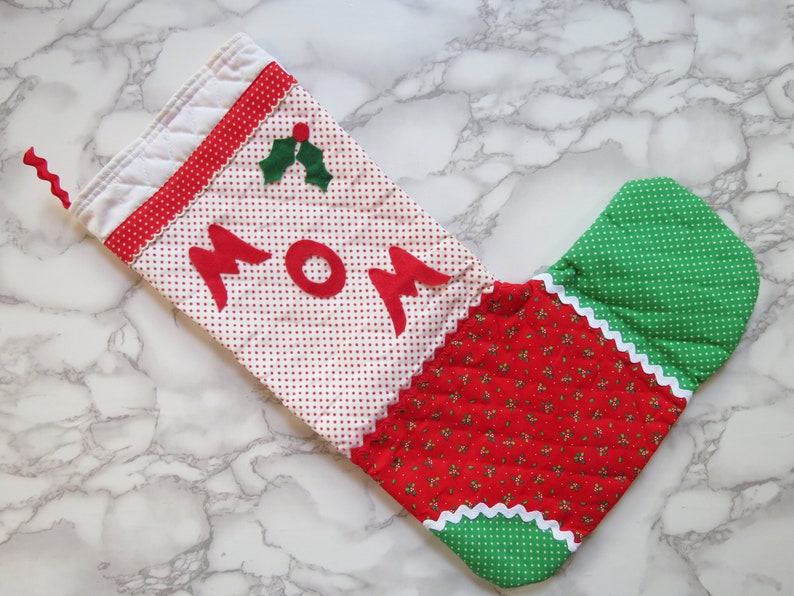 Parents' Stockings Pair // Vintage Mom and Dad Fabric Christmas Stocking Red Green White Kitsch Nostalgic Holiday Quilted Sewn 1970's 1980's image 6