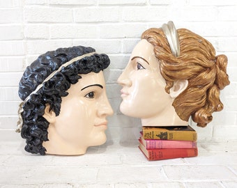 Oversize Grecian Faces Wall Hangings // Vintage 2003 Couple Portraits Pair, Wall Busts Faces, Molded Plastic Resin, Cameo Busts Sculptures