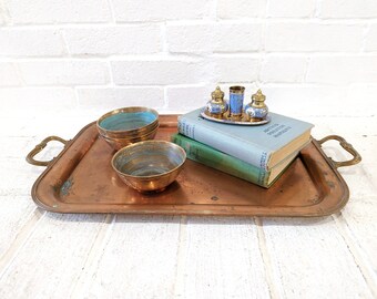 Antique Copper Tray // Large Rectangular Serving Tray with Brass Handles, Rustic Tarnished Farmhouse Tray Universal Kitchenware Barware