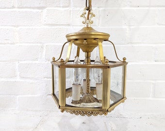 Vintage Hanging Brass Lantern Fixture // Starburst Glass Shade, Three Candle Style, Entryway Hallway Kitchen, Etched Star Pattern Gold