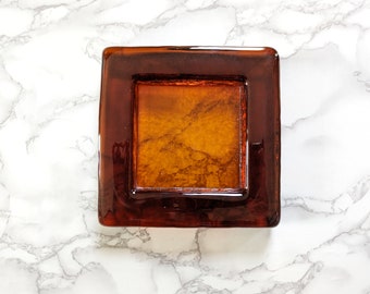 Vintage Blenko Glass Ashtray // Heavy 7" Amber Brown Glass Square Tray, Art Glass Trinket Dish, Mid Century Modern Glassware Blown Glass