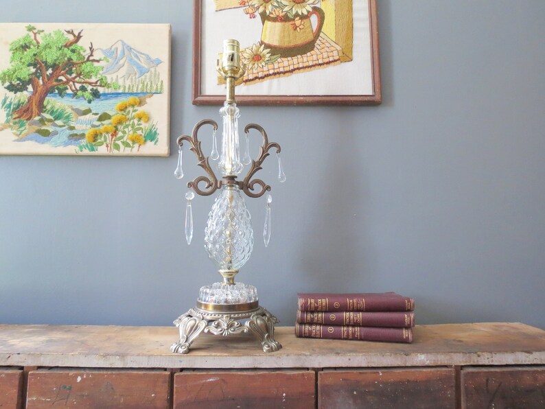 Vintage Chandelier Table Lamp Elegant Faux Crystal Glass With Hanging Prisms Hollywood Regency Glam Gold Metal Scroll Bronze