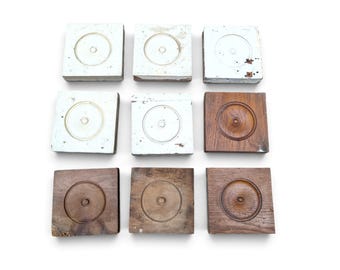 Antique Wooden Rosettes // Lot of 9 Architectural Salvage Plinth Blocks Doorway Trim, Distressed Painted Hardware Corner Molding Bullseye