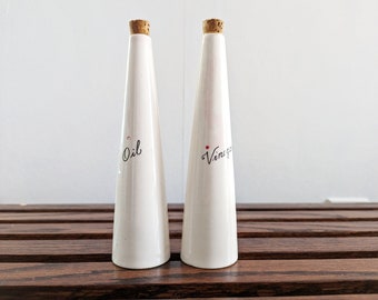 Mid Century Cruets Set // Vintage LaGardo Tackett Style Oil and Vinegar Cruet Bottles, Tapered Ceramic Bottles Cork Stoppers Lettering