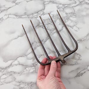 May include: An antique, rusty metal garden fork with four tines. The fork is held by a hand, showcasing its aged, weathered appearance. The tool is designed for gardening and soil cultivation.