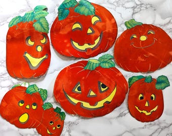 Vintage Flocked Pumpkin Decorations // Set of Six Paper Jack-O-Lantern Cutouts, Halloween Window Decor, Velvet Fuzzy Finish Diecut Fall