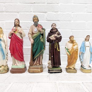 Vintage Chalkware Saint Statues // Collection of Plaster Religious Statues Catholic Figurines Italian Chippy Painted St. Jude Sacred Heart