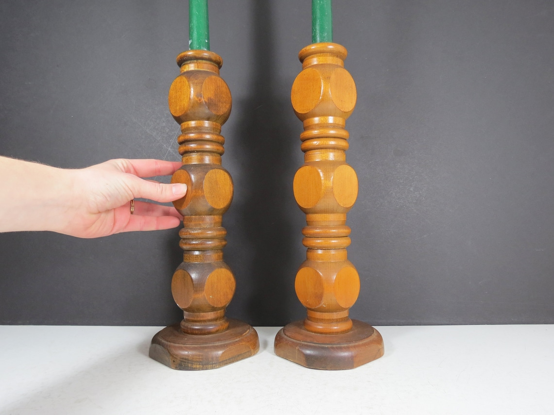 Large Wooden Candlesticks Pair // Vintage Chunky Wooden Candle Etsy