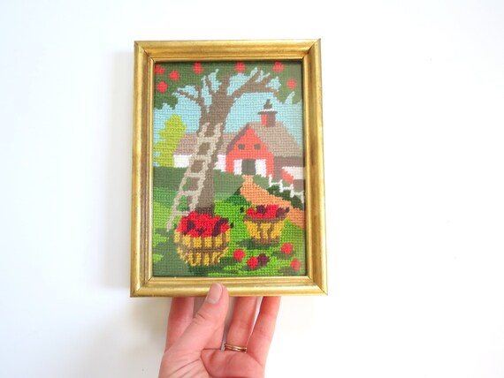 Vintage Farm Needlepoint Framed Completed Yarn Embroidery Etsy
