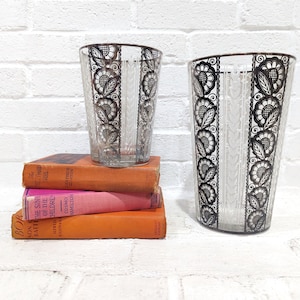 Pair of Silver Overlay Glass Vases // Antique Art Deco Silver Floral Pattern, Matching Vases Set 1920&#39;s Era Art Nouveau Etched Glass