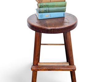 Vintage Wooden Stool // Handmade Footrest Barstool, Rustic Farmhouse Counter Seat Plant Stand, Brutalist Chalet Farmhouse Minimalist