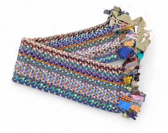 Vintage UNFINISHED Braided Wool Rug // Maine-made Partial Braided Rug Runner Mat, Colorful Scrap Fabric American Folk Art Project 10"x56"