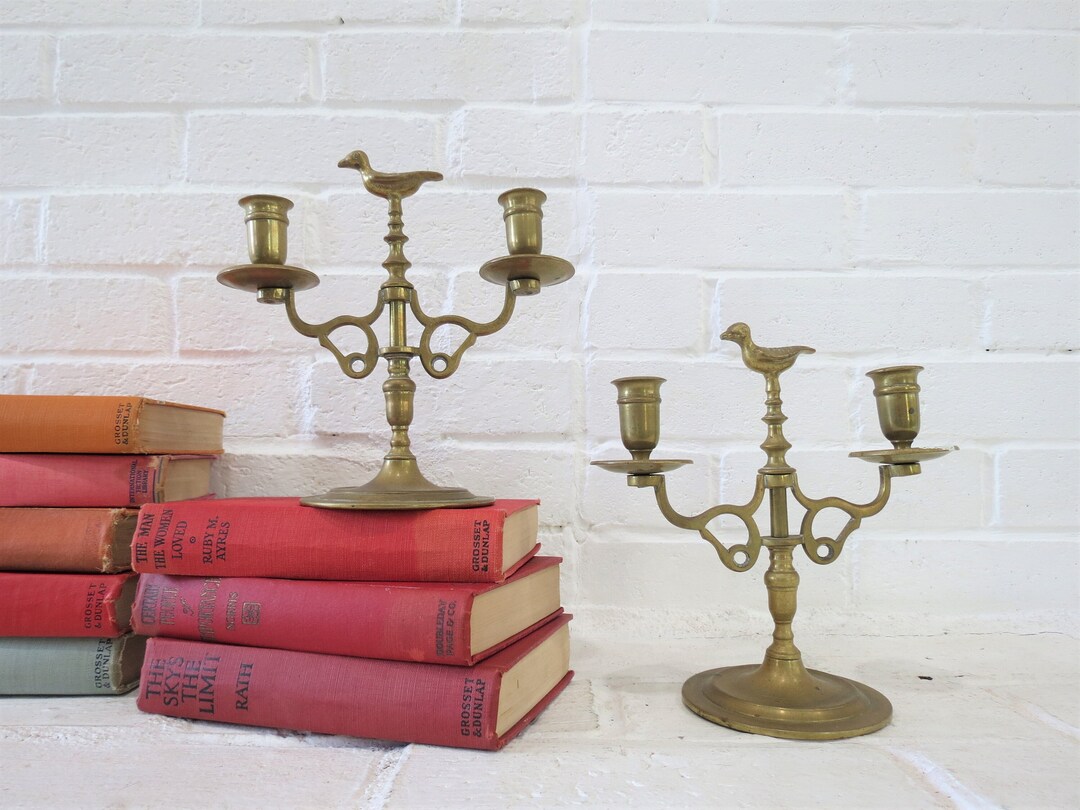 Brass Candelabras Pair // Vintage Doublearm Gold Metal Taper Candle