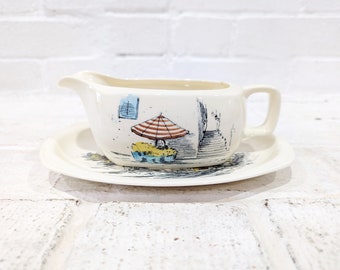 Midwinter Riviera Gravy Pitcher // Vintage Mid Century Modern Illustrated Gravy Boat French Cannes Hugh Casson Designer City Beach Scene