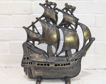 Vintage Brass Sailing Ship // Solid Cast Schooner Galleon Statue, Nautical Doorstop Bookend Marine Decor Sculpture TV Lamp - NO WIRING