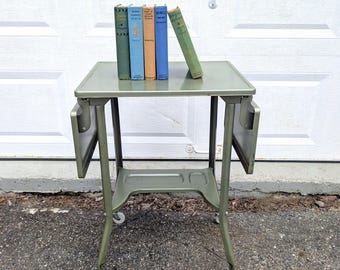 Vintage Typewriter Table // Industrial Green Rolling End Table, Typewriter Cart, Expanding Drop Leaf Utility Stand Furniture Work Table