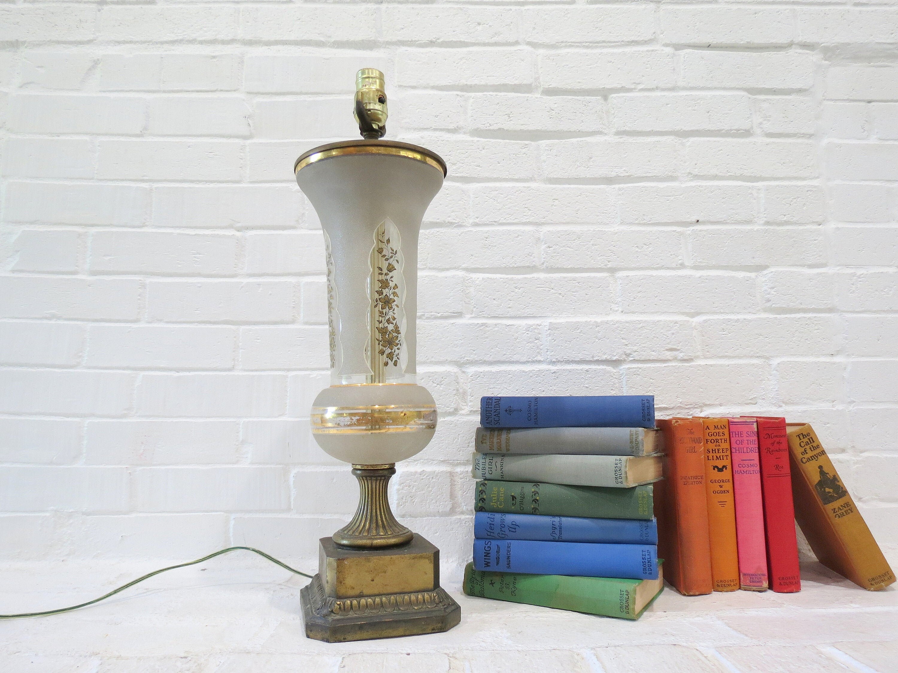 Antique Glass Lamp // Rustic Glass Table Lamp With Gold Floral