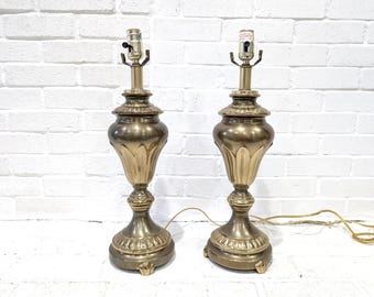 Vintage Brass Lamps Pair // Set of Two Hollywood Regency Gold Brass Metal Table Lamps, Mid Century Modern Lighting Set, 1980's Glam