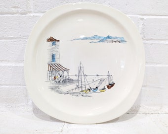 Midwinter Riviera Cake Plate // Vintage Mid Century Modern Illustrated Serving Platter Chop Plate French Cannes Scenes Hugh Casson Design