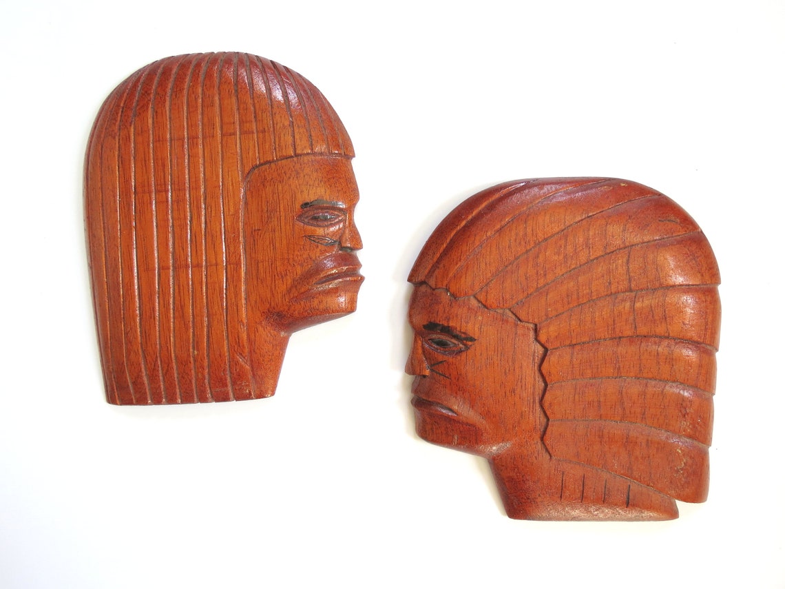 Vintage Wooden Wall Plaques Pair // Folk Art Tribal Carved Etsy UK