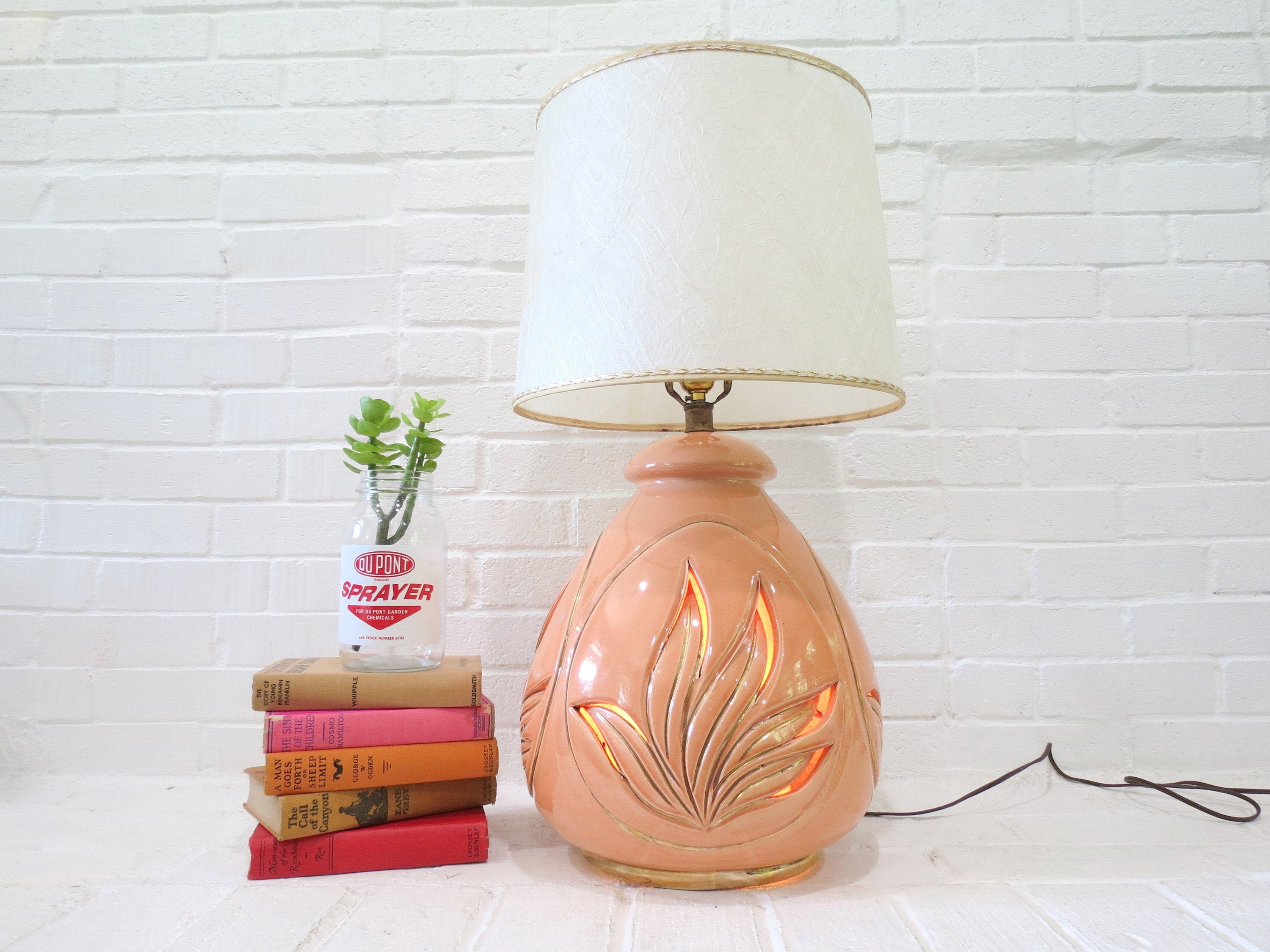Large Mid Century Lamp // Vintage Orange Glazed Pottery Lamp pic photo