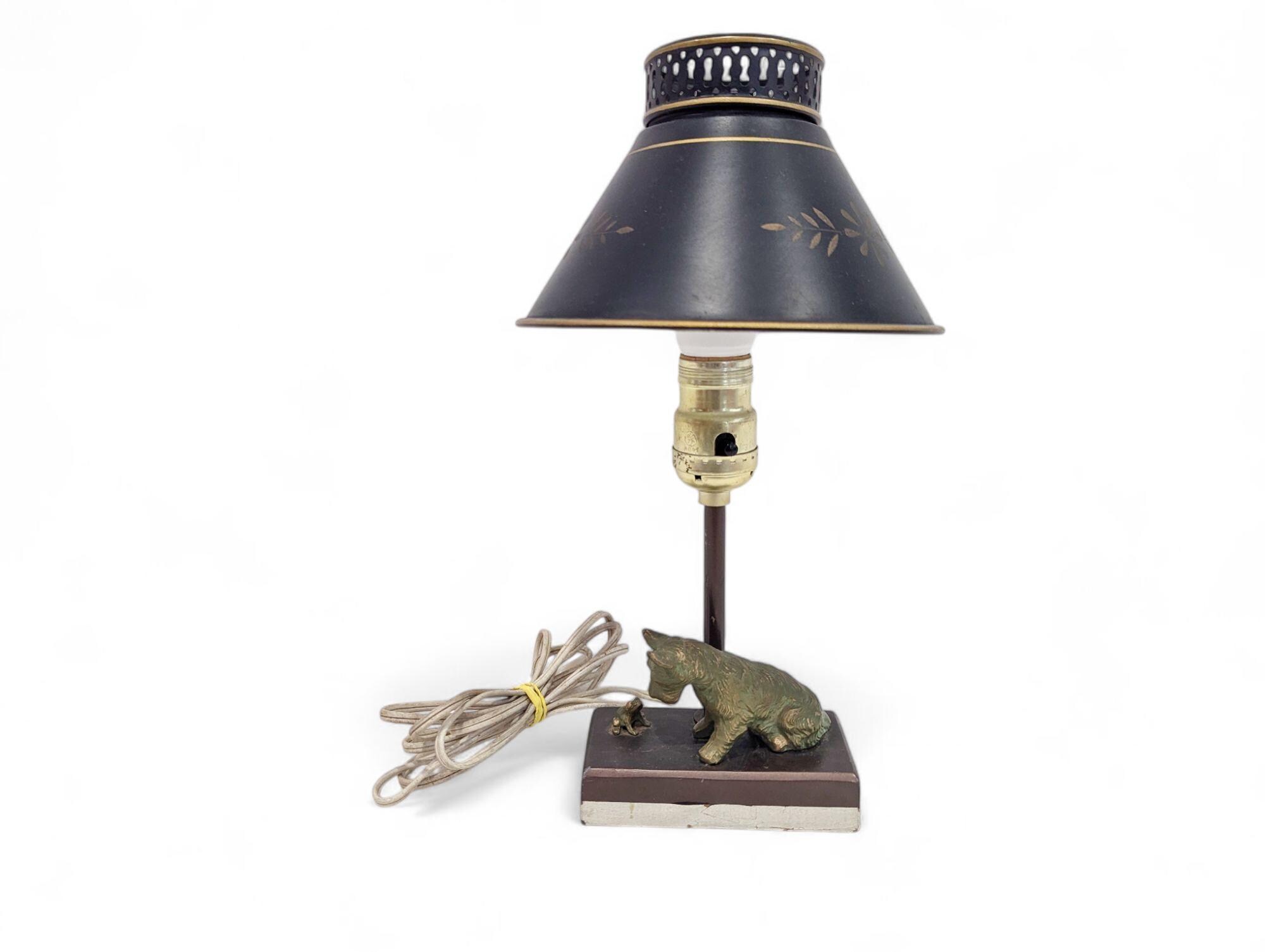 Vintage Terrier Lamp // Art Deco Nouveau Table Lamp, Cast Brass Bronze Metal Dog Figurine, Black Tole Lampshade, Antique Desk Lamp