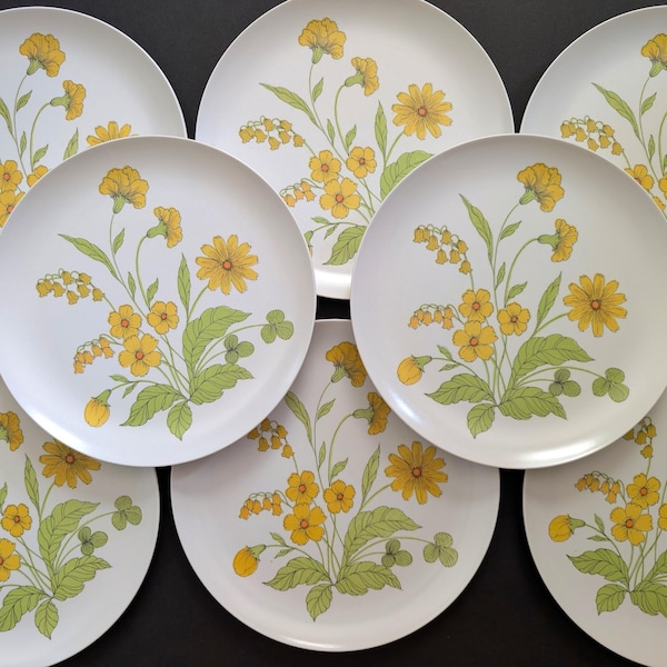 Melamine Dinner Plates Set // 8 Vintage Floral Mid Century Modern Melmac Plastic 1950's 1960's Mod Kitsch Yellow Flowers Camping Glamping
