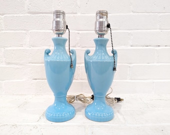 Vintage Blue Lamps Pair // Vintage Ceramic Pottery Table Lamps, Urn Jar Shape, Mid Century Lighting, Victorian Inspired Aqua Turquoise Glaze