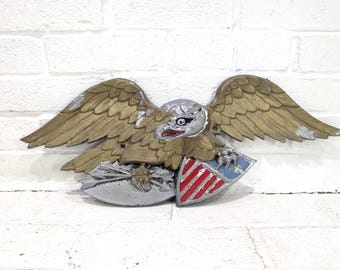 Vintage Eagle Wall Plaque // Louisburg Style Americana Cast Aluminum Folk Art, Patriotic Stars and Stripes Shield Sculpture Wall Hanging