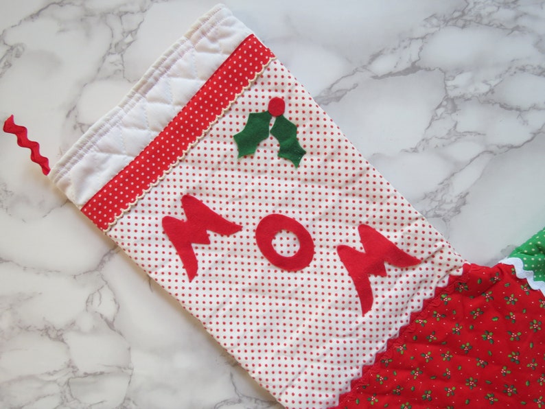 Parents' Stockings Pair // Vintage Mom and Dad Fabric Christmas Stocking Red Green White Kitsch Nostalgic Holiday Quilted Sewn 1970's 1980's image 8