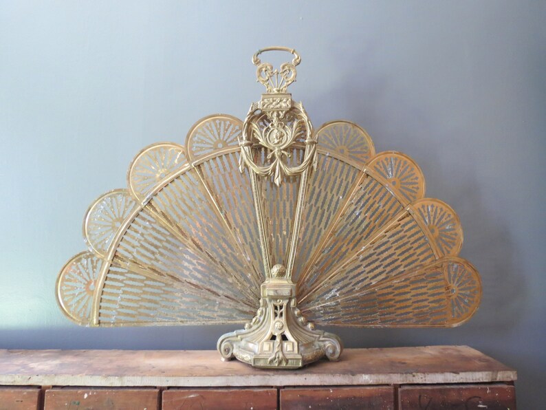 Brass Fireplace Fan Screen Vintage Folding Hearth Screen Etsy