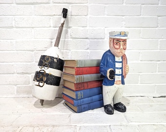 Vintage Tall Sea Captain Figurine // 14" Carved Wooden Old Salt, Maine Fisherman Nautical Beach House Sea Captain Sailor Blue Coat
