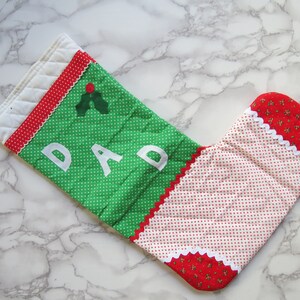 Parents' Stockings Pair // Vintage Mom and Dad Fabric Christmas Stocking Red Green White Kitsch Nostalgic Holiday Quilted Sewn 1970's 1980's image 3