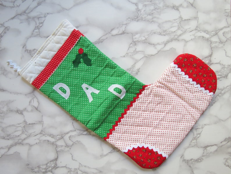 Parents' Stockings Pair // Vintage Mom and Dad Fabric Christmas Stocking Red Green White Kitsch Nostalgic Holiday Quilted Sewn 1970's 1980's image 3