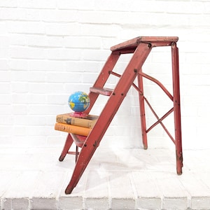 Vintage Folding Stepstool // Chippy Red Painted Step Stool Ladder, Marco Aristocrat Mardigan Corp. Farmhouse Kitchen Stool, Library Ladder