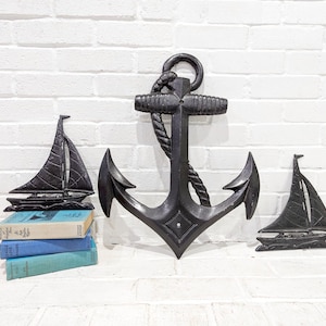 Vintage anker muur hangend//21" gegoten metalen muur plaque sculptuur nautisch strandhuis halverwege de eeuw modern zwart geschilderd scheepsdecor